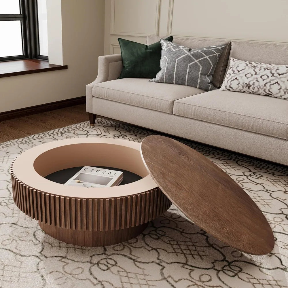 31.5 Round Coffee Table with Hidden Storage, Solid Wood Drum Coffee Table Tea Table for Living Room, Bedroom, Apartment or Offic