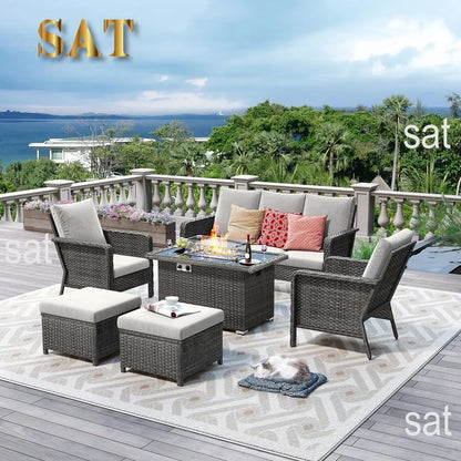 Rattan Outdoor Furniture Set, 6-piece Outdoor Deep-seated Leisure Set, Including Brazier Table and Footstool