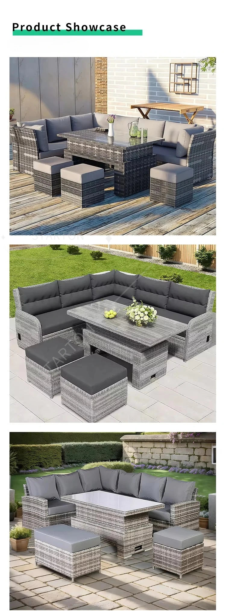 Best Selling Patio Furniture Garden Rattan Sofa Set Outdoor Restaurant PE Rattan L Shape Sectional Chaise Sofas with Tea Table