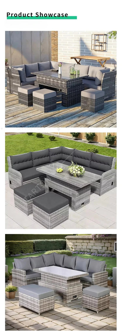 Best Selling Patio Furniture Garden Rattan Sofa Set Outdoor Restaurant PE Rattan L Shape Sectional Chaise Sofas with Tea Table