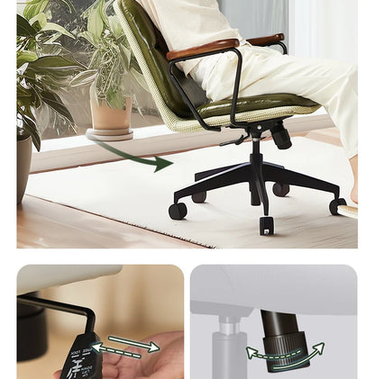 Comfortable Genuine Leather Chair Steel-Legged Adjustable Swivel Seat Ergonomic Desk Chair for Prolonged Sitting