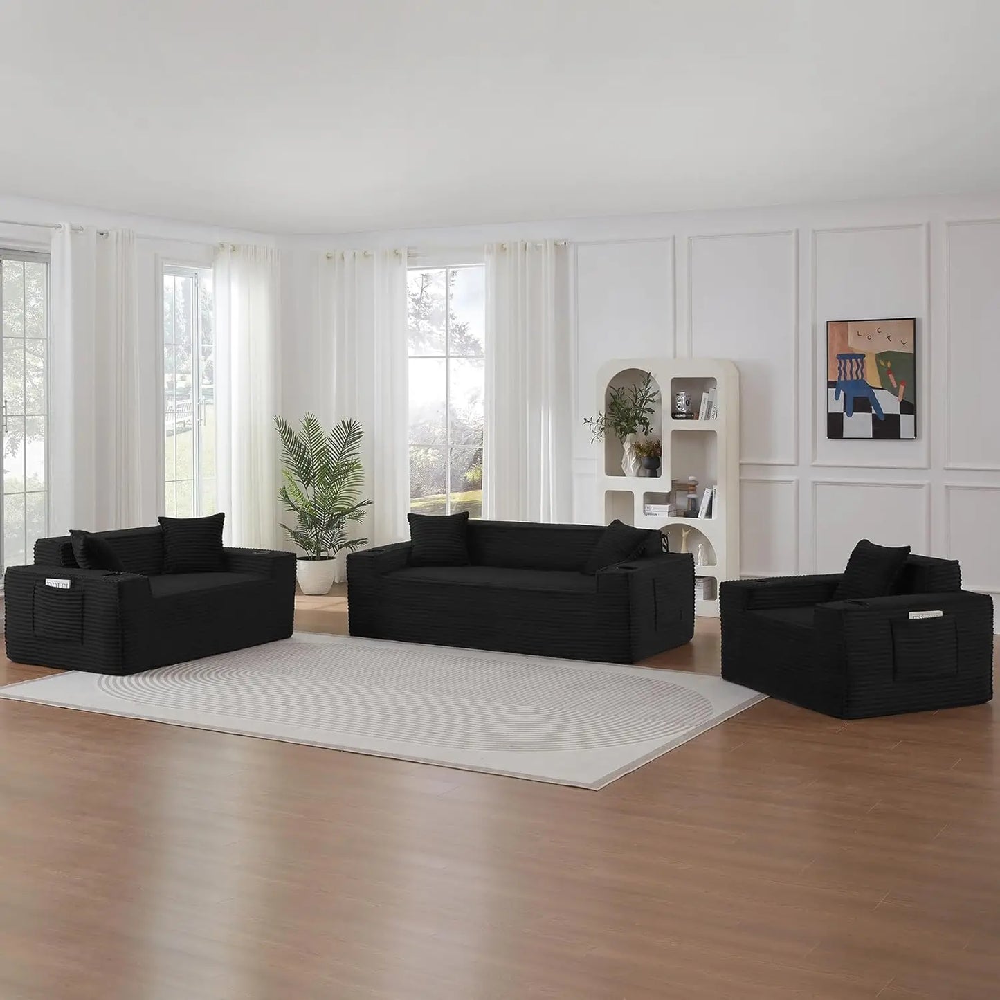 3 Seat Modular Deep Seat Sofa Set with Cup Holder & Side Pocket, Living Room Furniture, Black, Customized