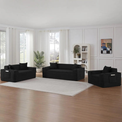 3 Seat Modular Deep Seat Sofa Set with Cup Holder & Side Pocket, Living Room Furniture, Black, Customized