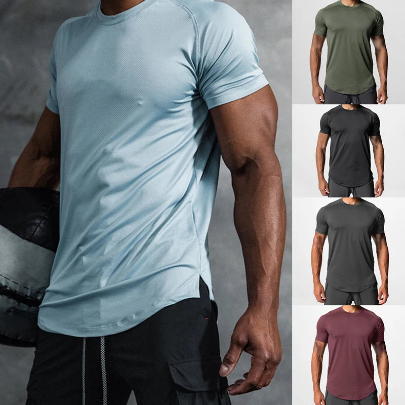 Men Summer Running Shirt Casual Solid Color Round Neck Quick-Drying Short Sleeve Athletic Tops for Streetwear