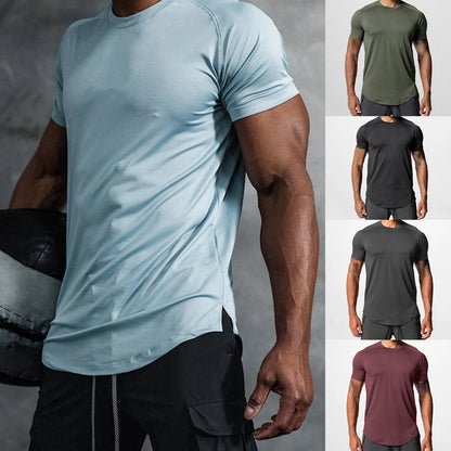 Men Summer Running Shirt Casual Solid Color Round Neck Quick-Drying Short Sleeve Athletic Tops for Streetwear
