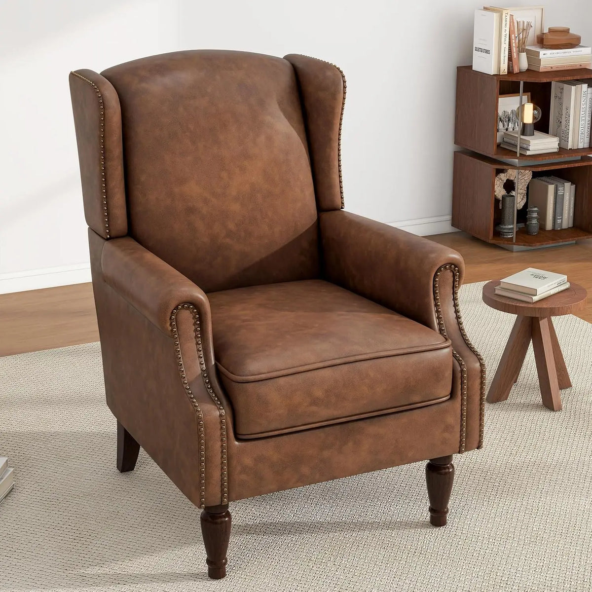 PU Leather High Back Accent Chair, Retro Wingback Armchair with Nail Trim, Solid Wood Legs - Brown
