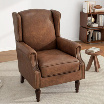 PU Leather High Back Accent Chair, Retro Wingback Armchair with Nail Trim, Solid Wood Legs - Brown