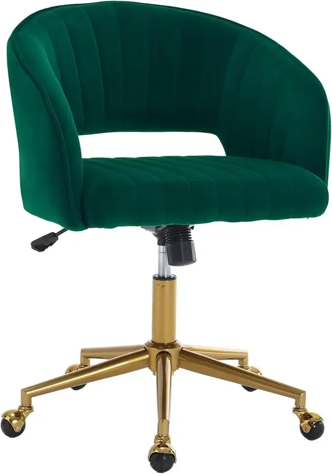 "contemporary swivel ergonomic chair with velvet upholstery and adjustable height on gold base"