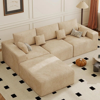 113" Modular Sectional Sofa, Convertible L-Shaped Cloud Couches For Living Room With Ottoman, 4 Seater Corduroy Boneless Couch S