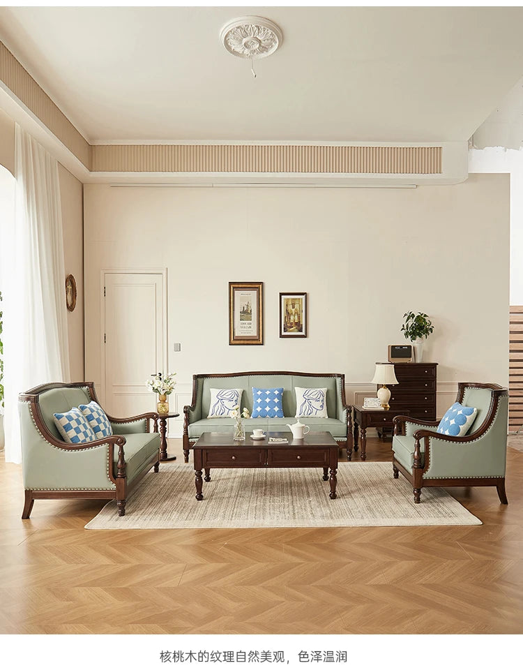 XL retro sofa walnut wood solid wood leather first layer cowhide combination sofa living room furniture