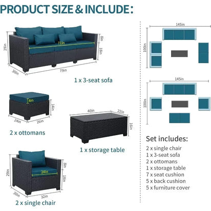 Patio Furniture Sets,  6 Pieces Couch Outdoor Chairs Coffee Table Peacock Blue Anti-Slip Cushions, Outdoor Furniture Sets