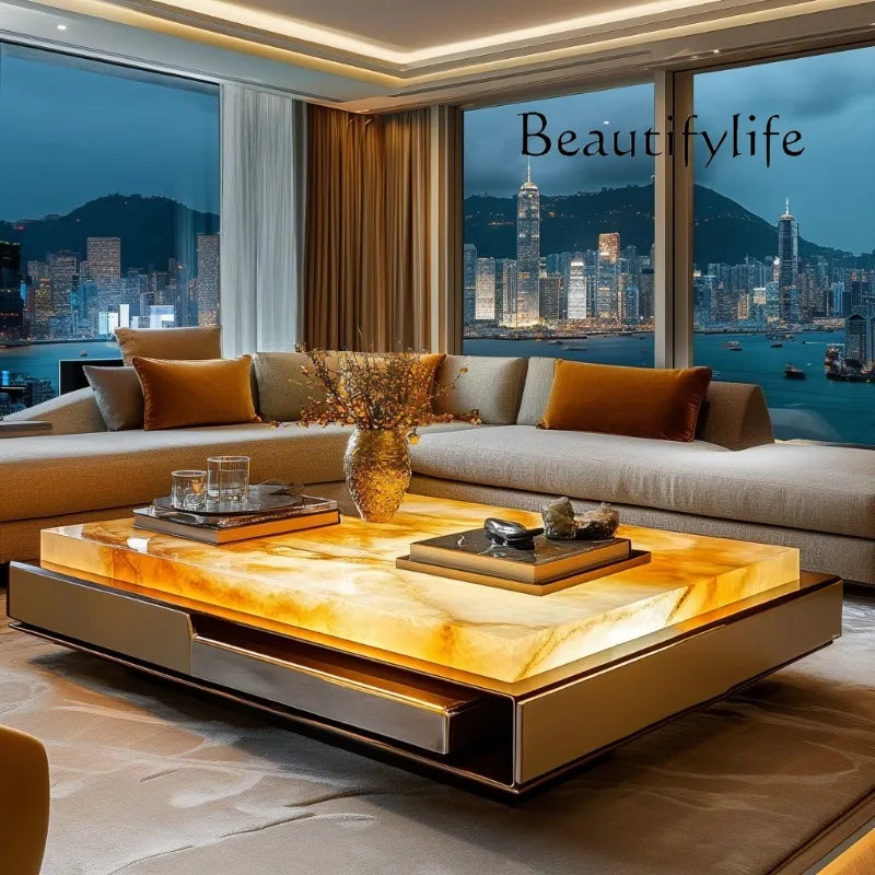 Square luminous jade luxury stone coffee table living room custom square modern luxury stone light luxury villa