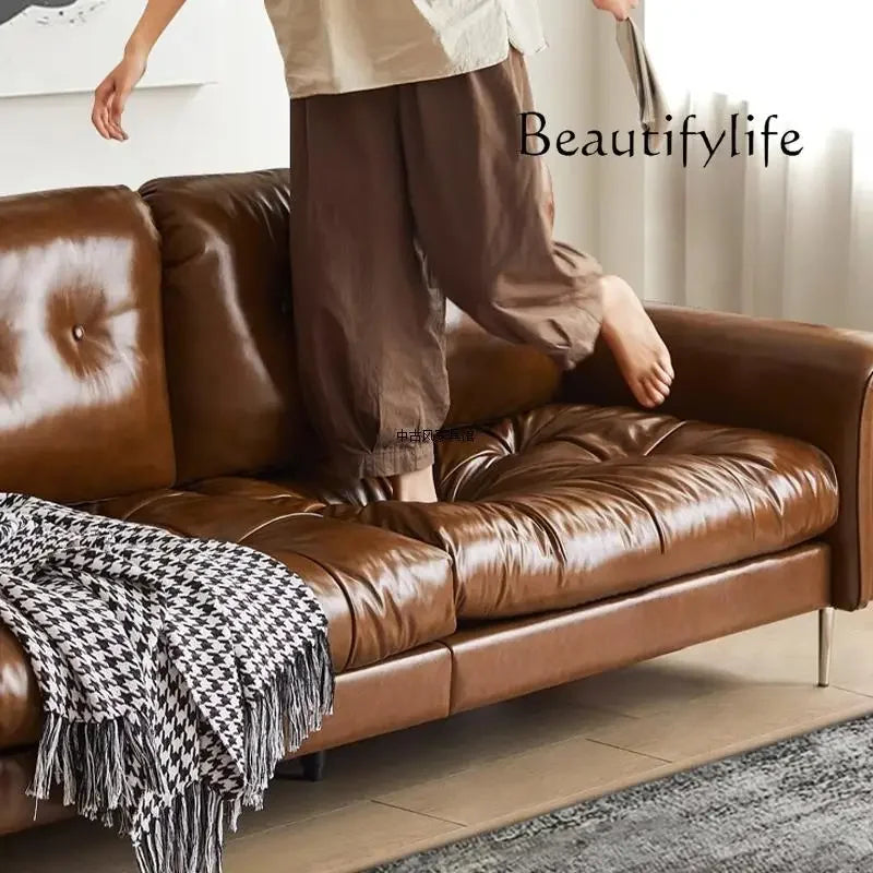 Medieval oil wax leather creative sofa living room retro old caramel color large straight row sofa