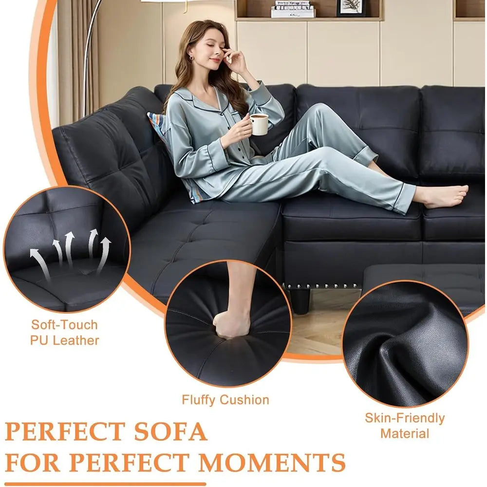4-Seater L-Shape Sectional Sofa with Chaise, Ottoman, and Pillows | Black PU Leather Living Room Furniture