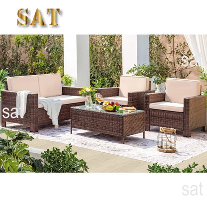 # l 4-piece courtyard furniture set, rattan chair and willow dialogue sofa set, suitable for outdoor, indoor, garden and balcony