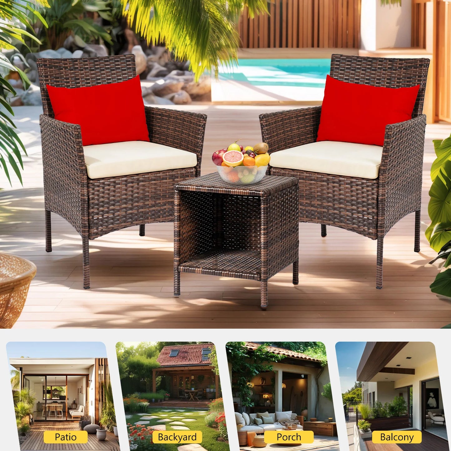 3 Piece Patio Conversation Bistro Set, Porch Balcony Furniture Set Outdoor Chat Furniture, Wicker Chairs and Storable Table Set