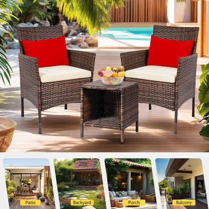 3 Piece Patio Conversation Bistro Set, Porch Balcony Furniture Set Outdoor Chat Furniture, Wicker Chairs and Storable Table Set