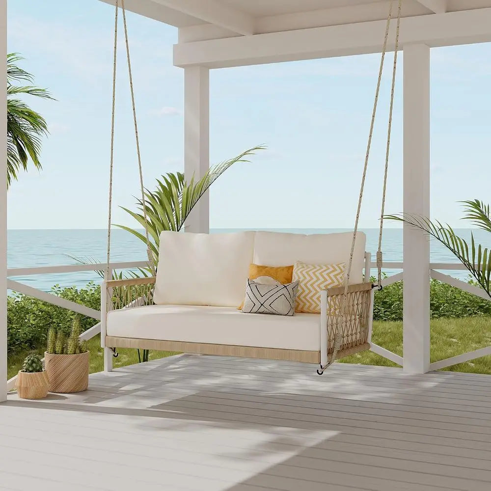 Beige 2-Person Porch Swing with Woven Rope and Soft Cushion for Patio or Garden