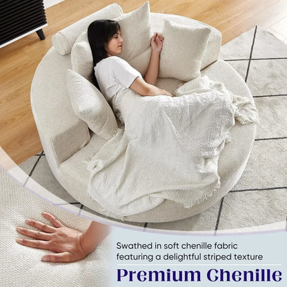 Oversized Round Swivel Chaise Longue Chair Indoor, Modern 55-inch 360 Degree Swivel Upholstered Chenille Deep Seat Circle Single