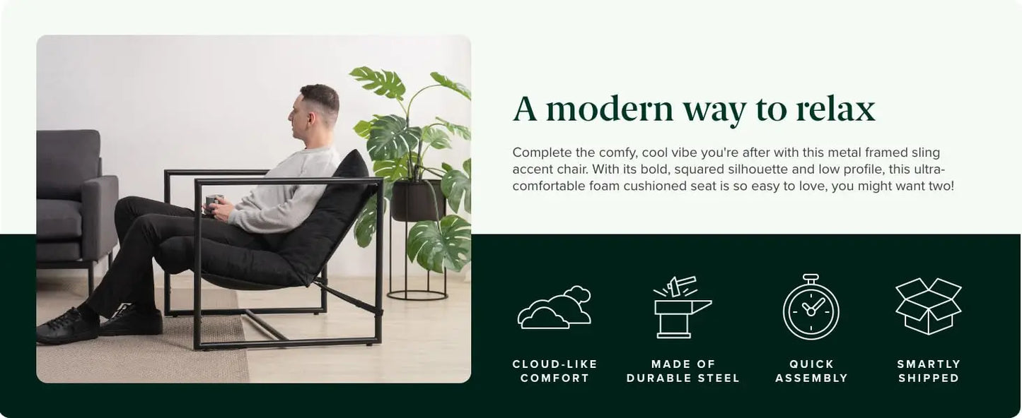 Aidan Sling Accent Chair, Metal Framed Armchair with Shredded Foam Cushioning, Black