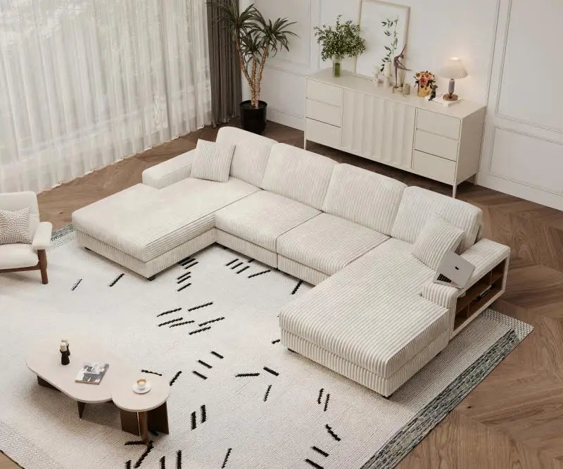Modern convertible U-shaped combination sofa corduroy 4-seat large-sized living room double leisure chair set