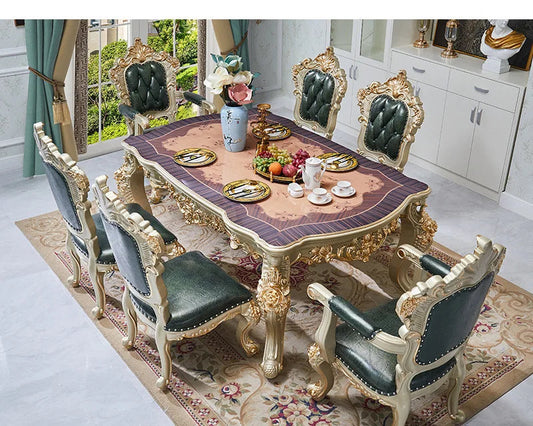European marble dining table, American luxury, square table full wood carving flower 1.6 meters champagne gold dining t