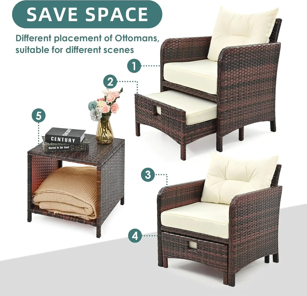 PE Wicker Outdoor Patio Chairs Set 5 Pieces Patio Furniture Set, Rattan Balcony Furniture with Ottomans