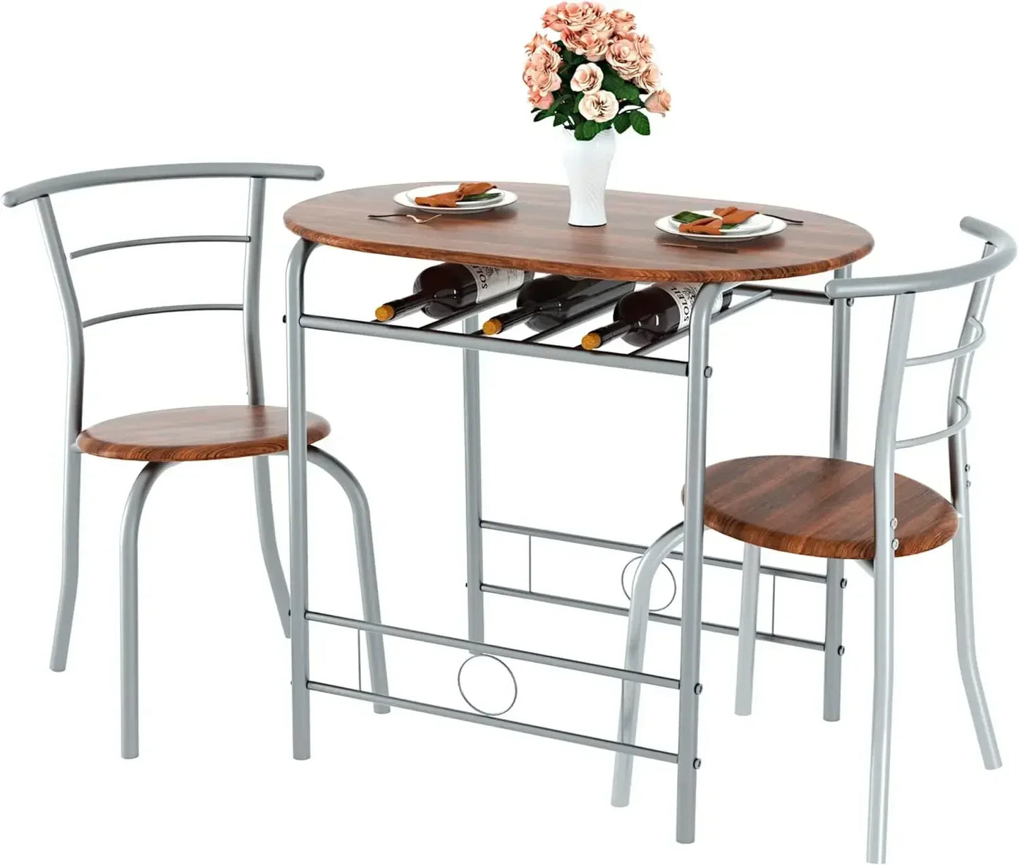 v 3 Piece Small Round Dining Table Set for Kitchen Breakfast Nook, Wood Grain Tabletop with Wine Storage Rack, Save Space, 31.