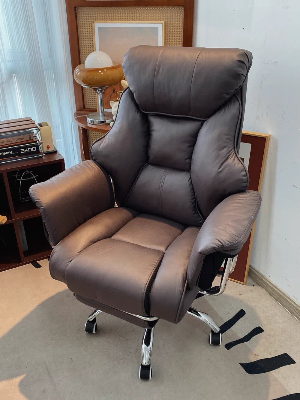 Ergonomic Reclining Office Chair with Footrest PU Leather Executive Swivel Computer Desk Chair Aluminum Base for Home Office