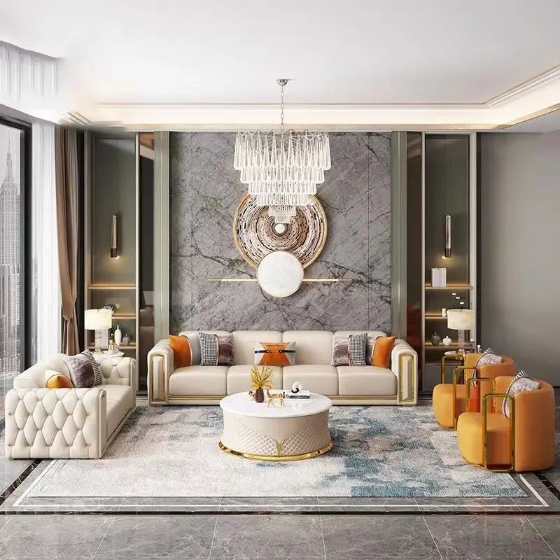 / Modern New Design Luxury Couch With Brass Legs Plush Leather Sofa Living Room Furniture