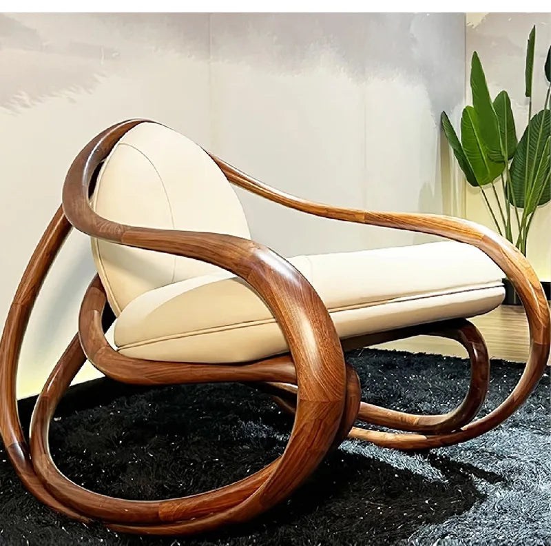 Black walnut leather balcony lazy chair villa living room leisure solid wood rocking chair