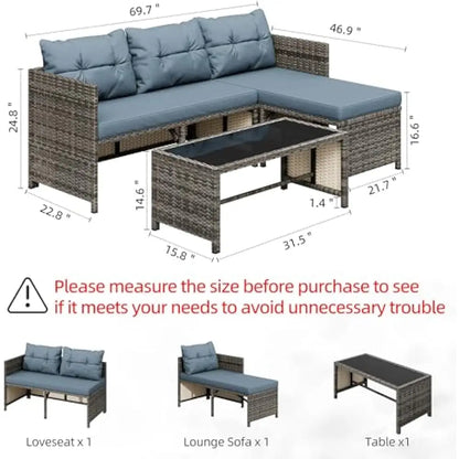 3-Piece Outdoor Patio Furniture Set, Wicker Patio sectional Sets, Rattan Patio Seating Sofas w/Glass Coffee Table and Cushion
