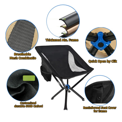 Outdoor Portable Quick Open CLIQ Chair Lightweight Folding Aluminum Fishing Backpacking Beach Camping Chair