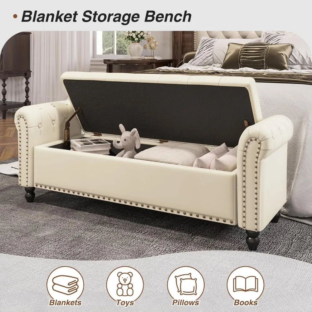 Modern 55" Faux Leather Storage Bench for Bedroom - End of Bed Bench with Lift-up Seat, Multi-Functional Footboard & Window Seat