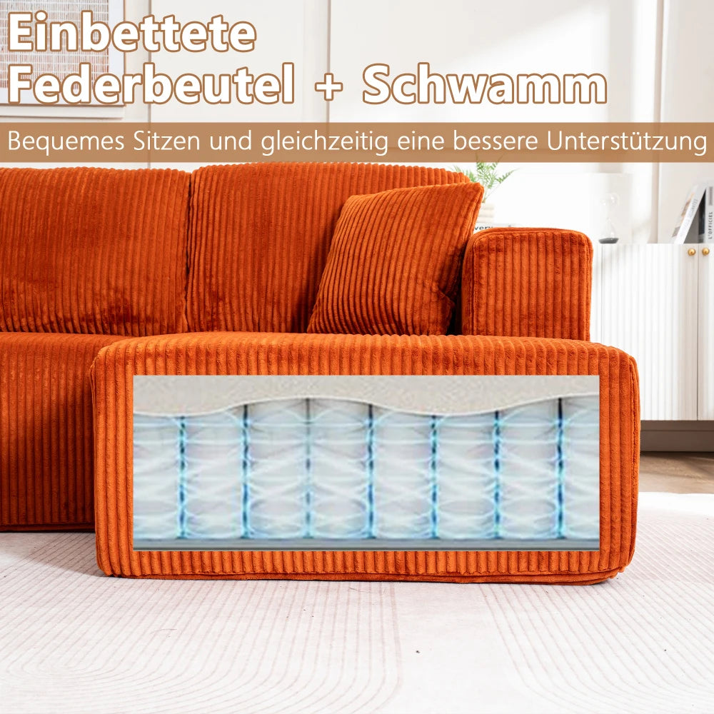 Living Room Boneless Modular Sofa, Corduroy Fabric, Modern U-shaped Leisure Sofa, High-density Sponge, No Assembly, for Home