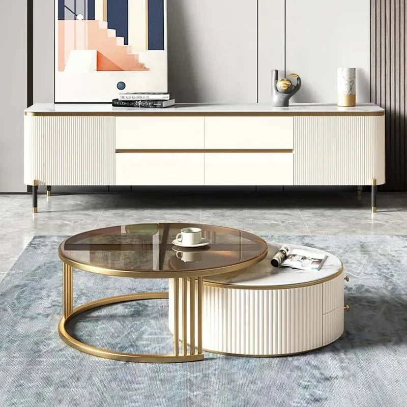 l # Modern Living Room Furniture Gold Base Stainless Steel Coffee Table White Stone Two Pieces Round Coffee Table And Tv Stand