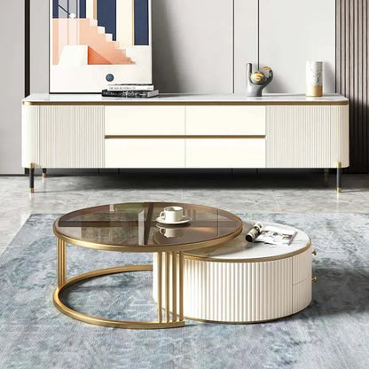 l # Modern Living Room Furniture Gold Base Stainless Steel Coffee Table White Stone Two Pieces Round Coffee Table And Tv Stand