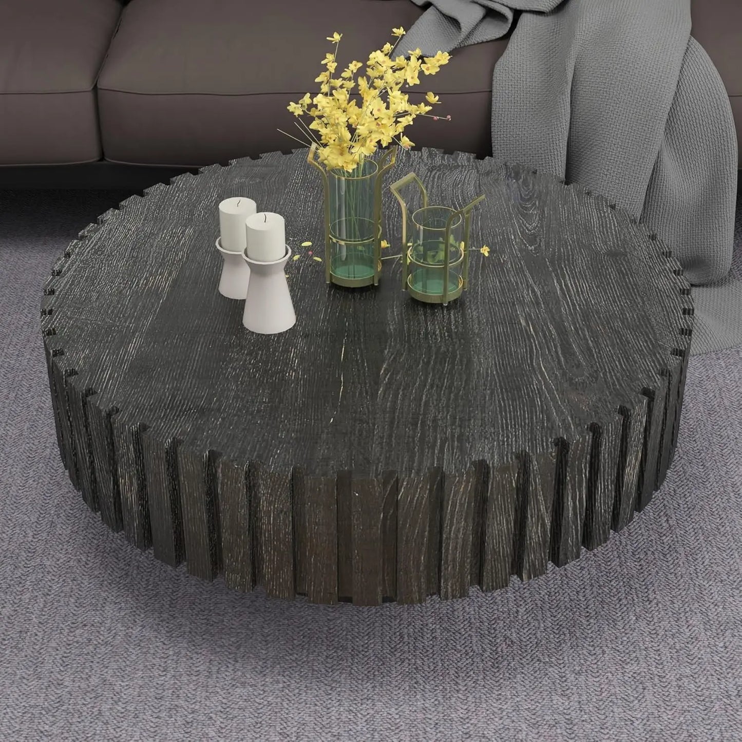Modern Wooden Round Coffee Table with Storage, Solid Wood Veneer Accent Table for Living Room
