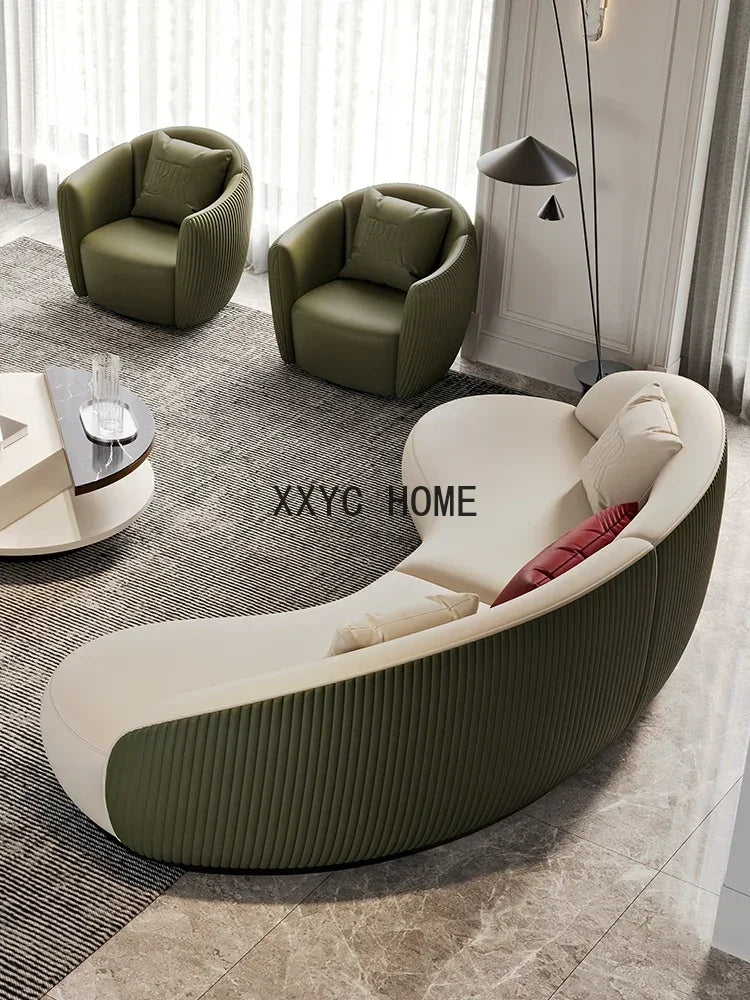 Two-color U-shaped villa leather sofa, modern light luxury semi-curved sofa