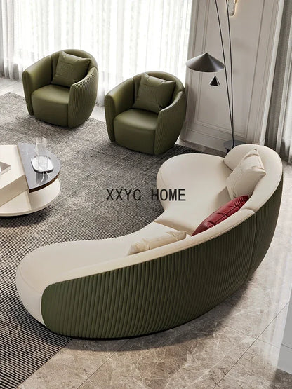 Two-color U-shaped villa leather sofa, modern light luxury semi-curved sofa