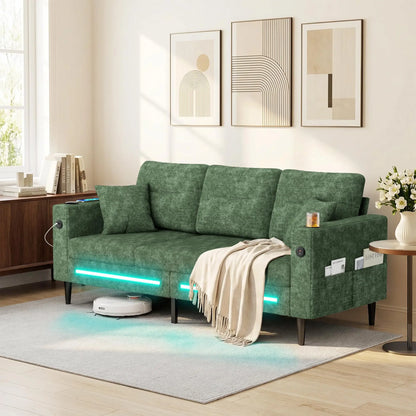 77" Small Cloud Loveseat 3 Seater Sofa, Green | Deep Seat, LED Light, USB Charger, Chenille, Modern, Customized