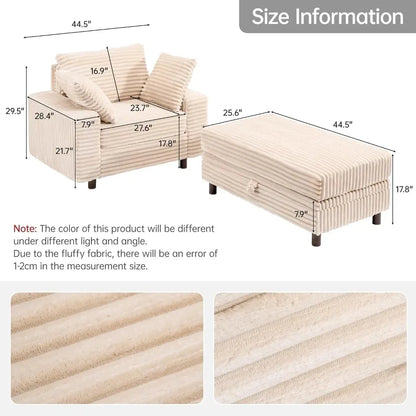 54" Oversized Chaise Lounge Chair Indoor, Comfy Sofa Bed with Storage and Ottoman, Upholstered Reading Chairs Cloud Couches, Kha