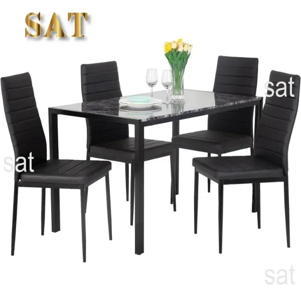 Dining Table and Chairs Set,Modern Rectangular Marble Table top with 4 Chairs PU Leather for Dining Room
