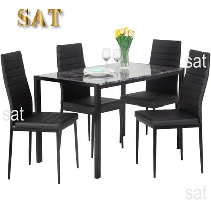 Dining Table and Chairs Set,Modern Rectangular Marble Table top with 4 Chairs PU Leather for Dining Room