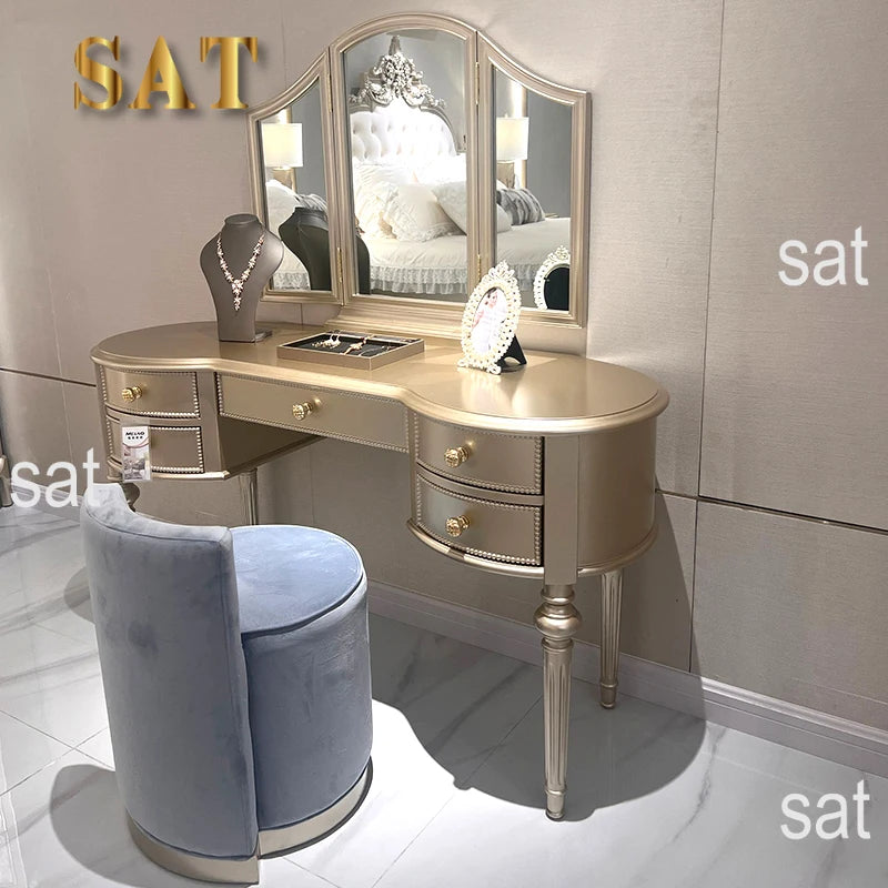 Luxury Custom Solid Wood Dressing Table With Extendable Vanity Desk & Mirror European & American Style