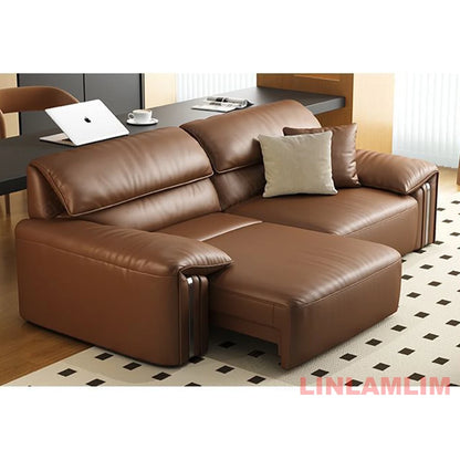 Modern Convertible Genuine Leather Sofa Bed – Multi-functional Electric Sleeper Couch with Adjustable Seats & Wide Chaise Lounge