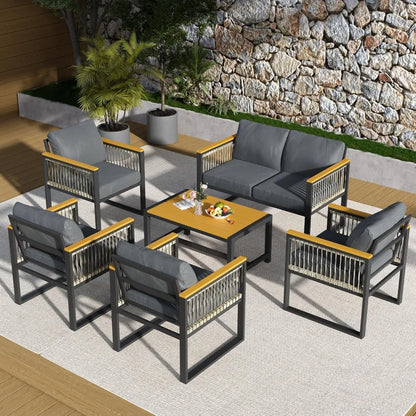 6 Pieces Outdoor Patio Furniture Set with Wicker Handrails, Plastic-Wood Balcony Furniture with Wicker Arm Panel, All-Weather M