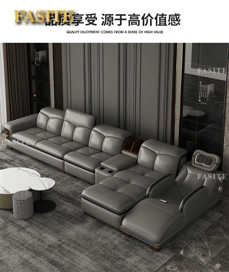 Smart Leather Sofa Massage for Left and Right Noblewomen, Cowhide Solid Wood Living Room Corner Small Unit