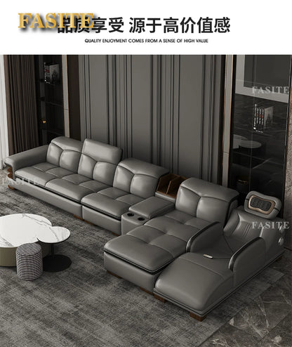 Smart Leather Sofa Massage for Left and Right Noblewomen, Cowhide Solid Wood Living Room Corner Small Unit