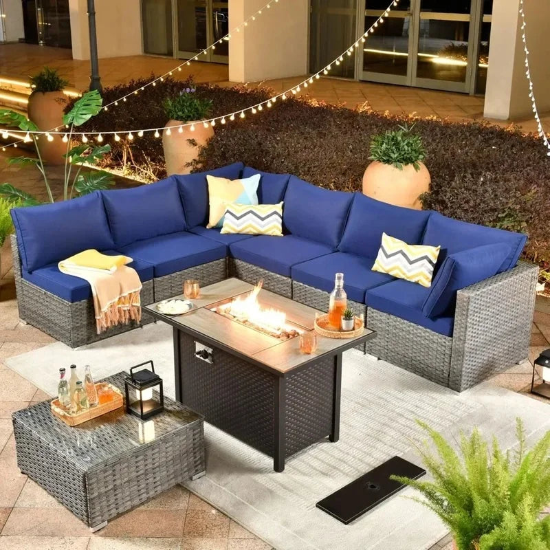 8-Piece Outdoor Patio Furniture Set with Fire Pit Table, Sectional Wicker Couch and Coffee Table for Comfortable Conversations